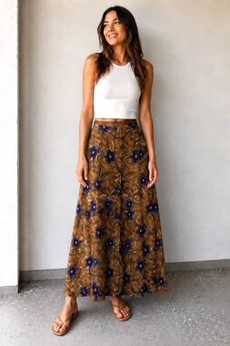 Vintage Sag Harbor Maxi Skirt Womens Sz Lg Brown/Blue  Floral Button Front Boho